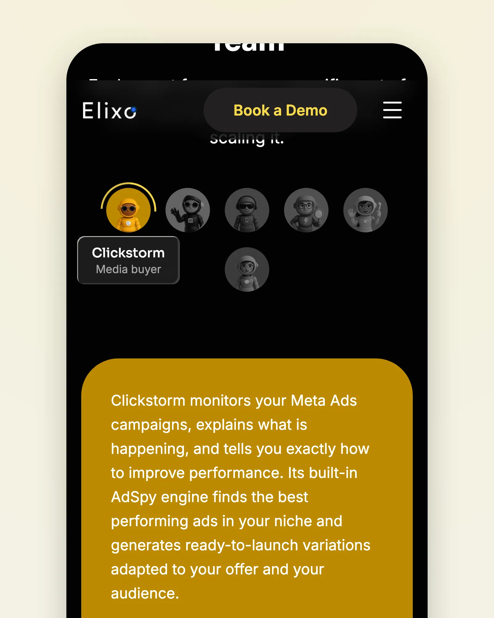 Elixo — an AI marketing team of specialised agents, its agent chooser on a phone